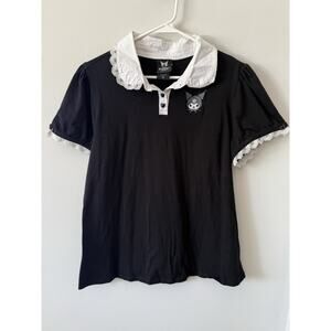 Hot Topic Juniors Kuromi Saurio Black White Ruffle Trim Embroidered Shirt XL